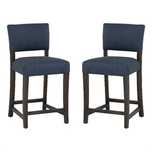 Pemberly Row Set of 2 Blue Upholstered Counter Stools in Brown Maple Wood