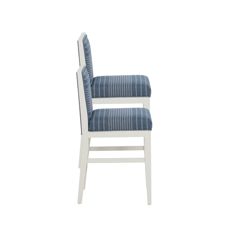 Pemberly Row Set of 2 Blue Striped Upholstered Counter Stools in White Wood