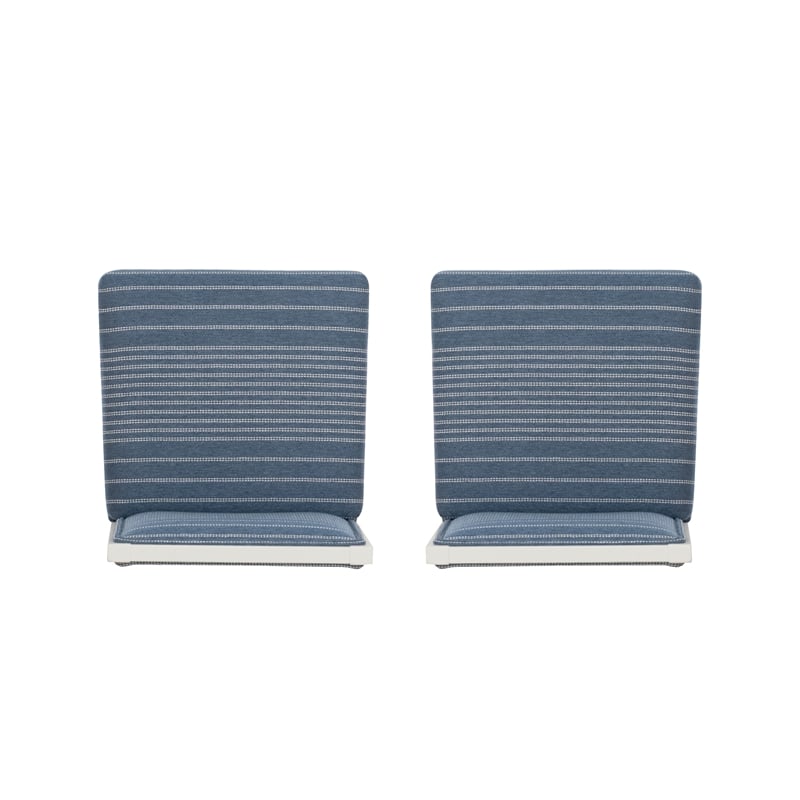 Pemberly Row Set of 2 Blue Striped Upholstered Counter Stools in White Wood
