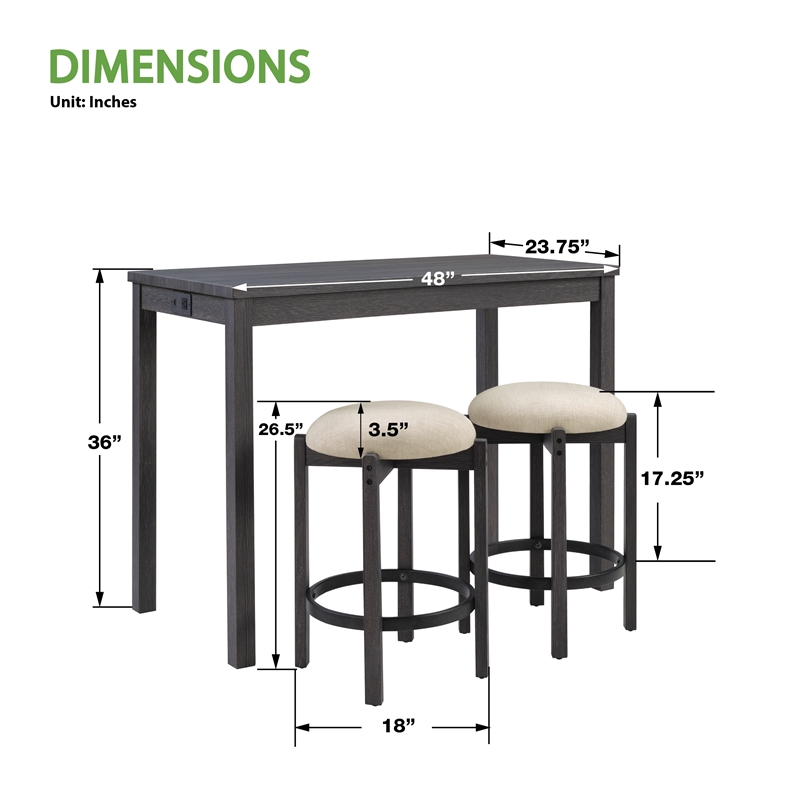 Pemberly Row Dining Set with Power Hub and Natural Finish 3-Piece Set