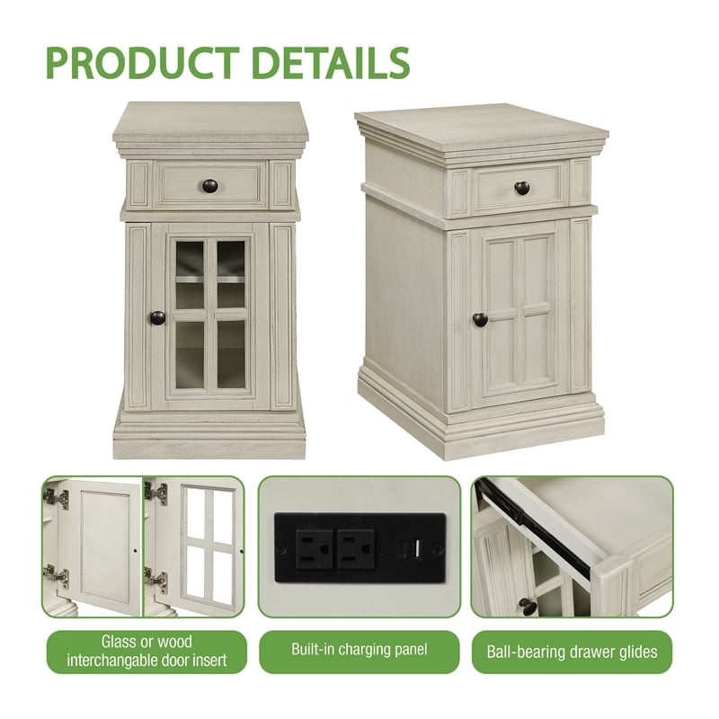 Pemberly Row Side Table with Drawer and Glass Door in White Finish