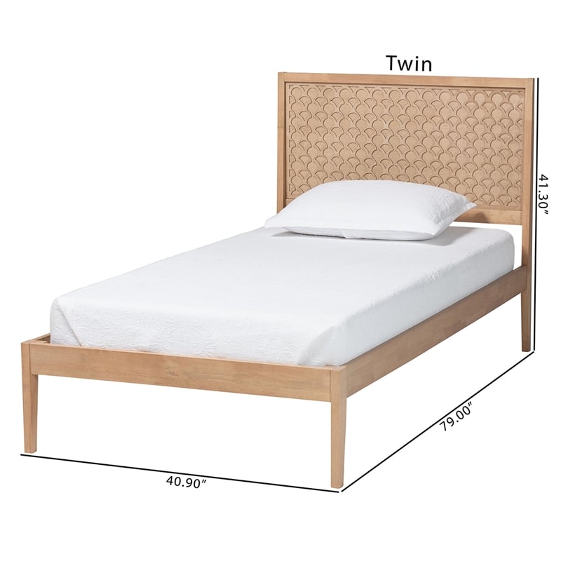 Pemberly Row Twin Platform Bed with Geometric Headboard Overlay in Oak Brown