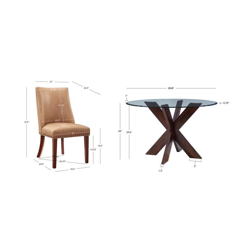 Pemberly Row 5-Piece Faux Leather Dining Set with Glass Table in Tan/Espresso