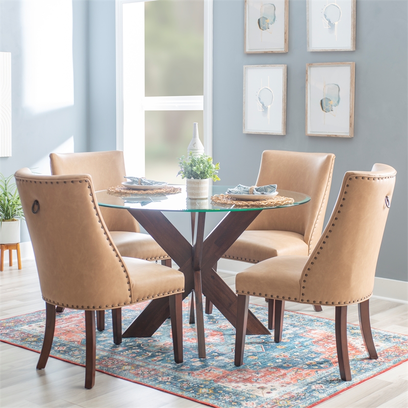 Pemberly Row 5-Piece Faux Leather Dining Set with Glass Table in Tan/Espresso