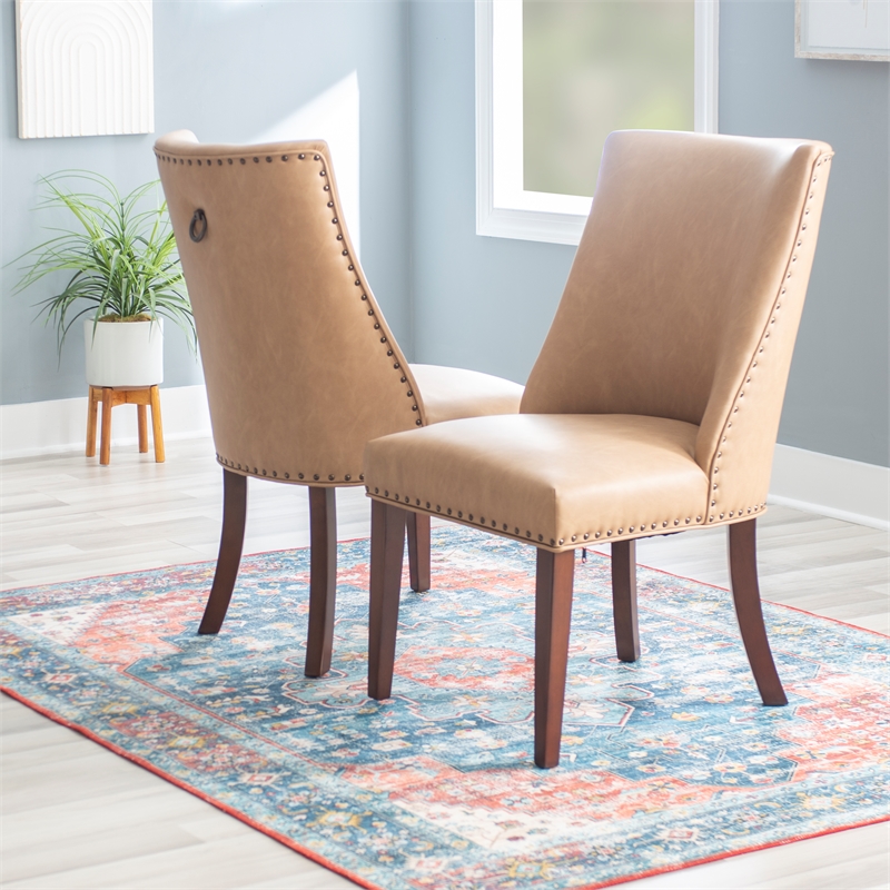 Pemberly Row 5-Piece Faux Leather Dining Set with Glass Table in Tan/Espresso