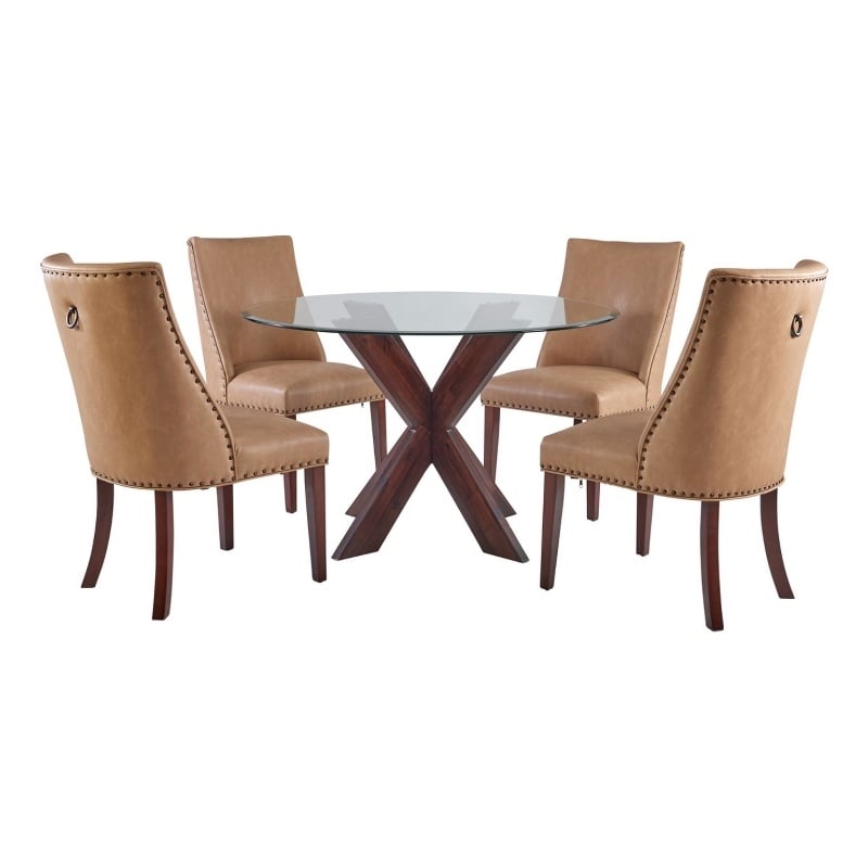 Pemberly Row 5-Piece Faux Leather Dining Set with Glass Table in Tan/Espresso