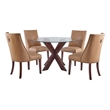 Pemberly Row 5-Piece Faux Leather Dining Set with Glass Table in Tan/Espresso