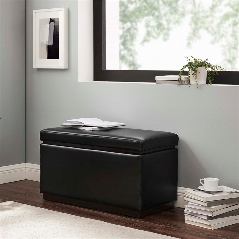 Pemberly Row Rectangle Storage Ottoman in Black Faux Leather