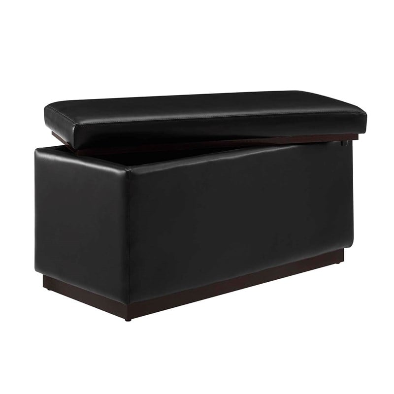 Pemberly Row Rectangle Storage Ottoman in Black Faux Leather