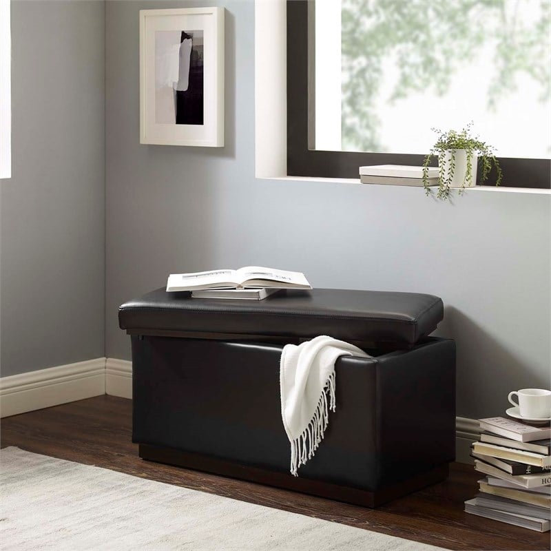 Pemberly Row Rectangle Storage Ottoman in Black Faux Leather