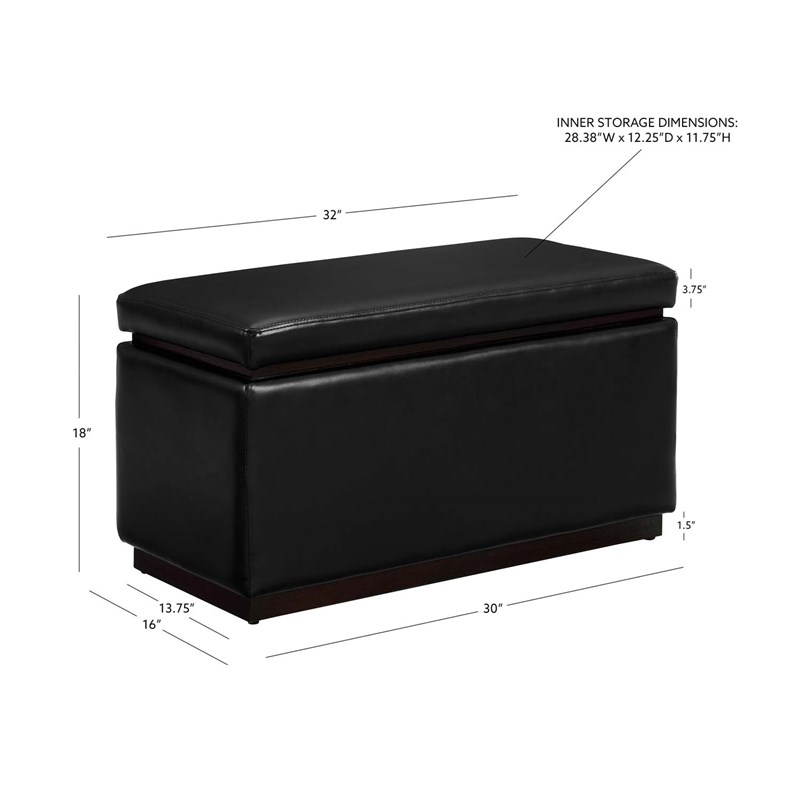 Pemberly Row Rectangle Storage Ottoman in Black Faux Leather
