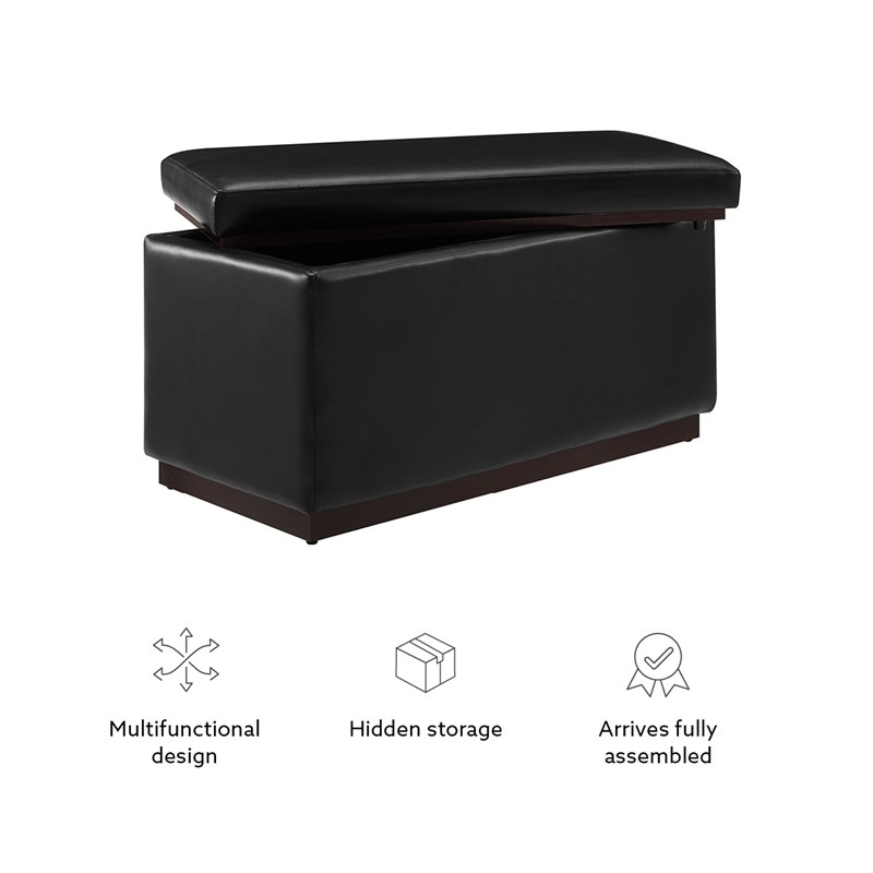 Pemberly Row Rectangle Storage Ottoman in Black Faux Leather