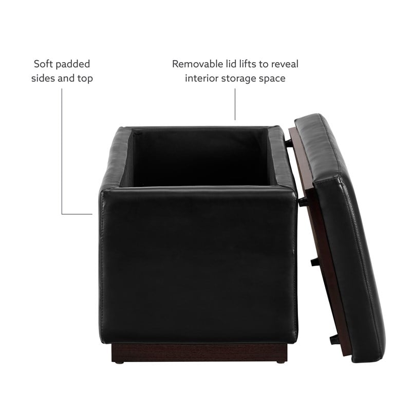 Pemberly Row Rectangle Storage Ottoman in Black Faux Leather
