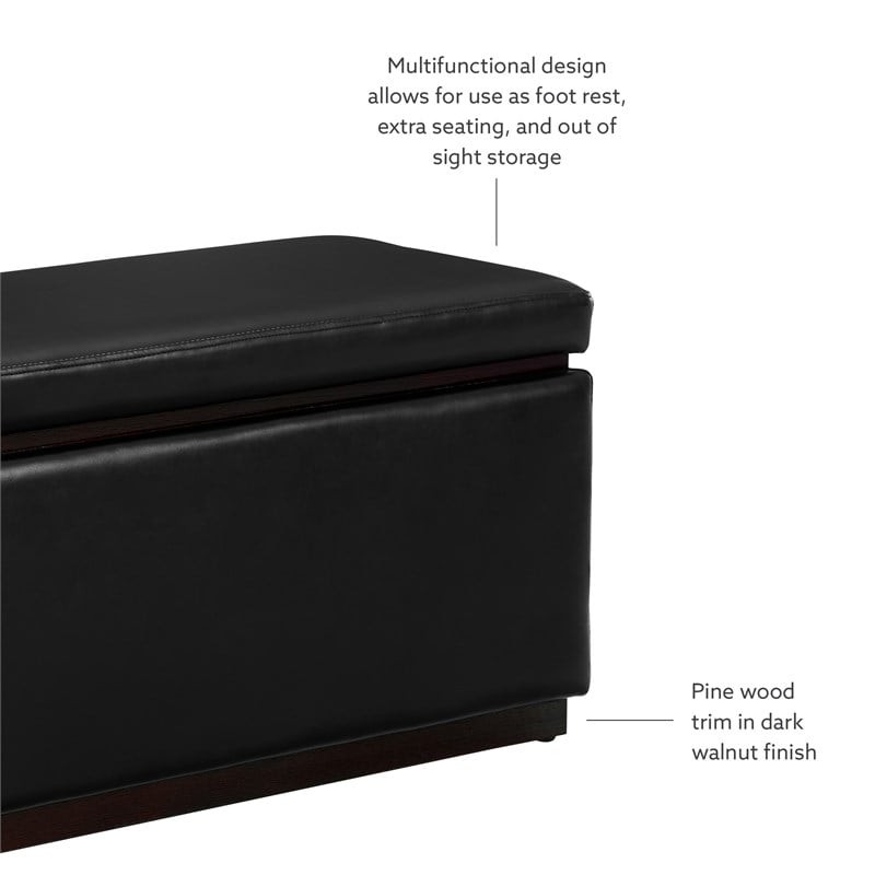 Pemberly Row Rectangle Storage Ottoman in Black Faux Leather