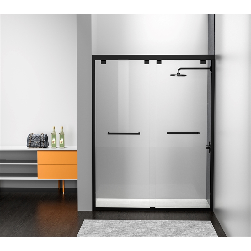 Pemberly Row Semi-Frameless Aluminum Shower Door in Matte Black