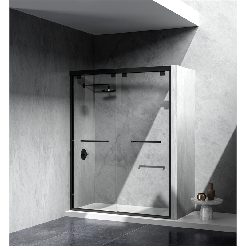 Pemberly Row Semi-Frameless Aluminum Shower Door in Matte Black
