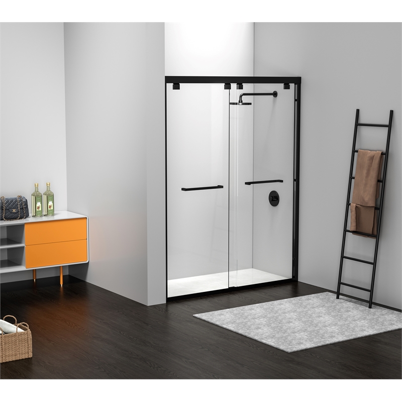 Pemberly Row Semi-Frameless Aluminum Shower Door in Matte Black
