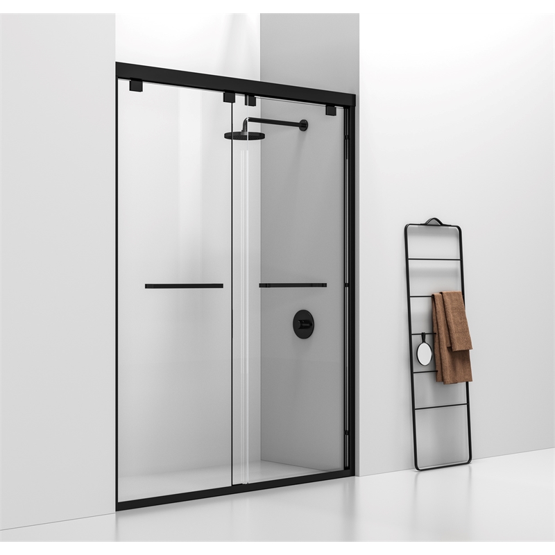 Pemberly Row Semi-Frameless Aluminum Shower Door in Matte Black