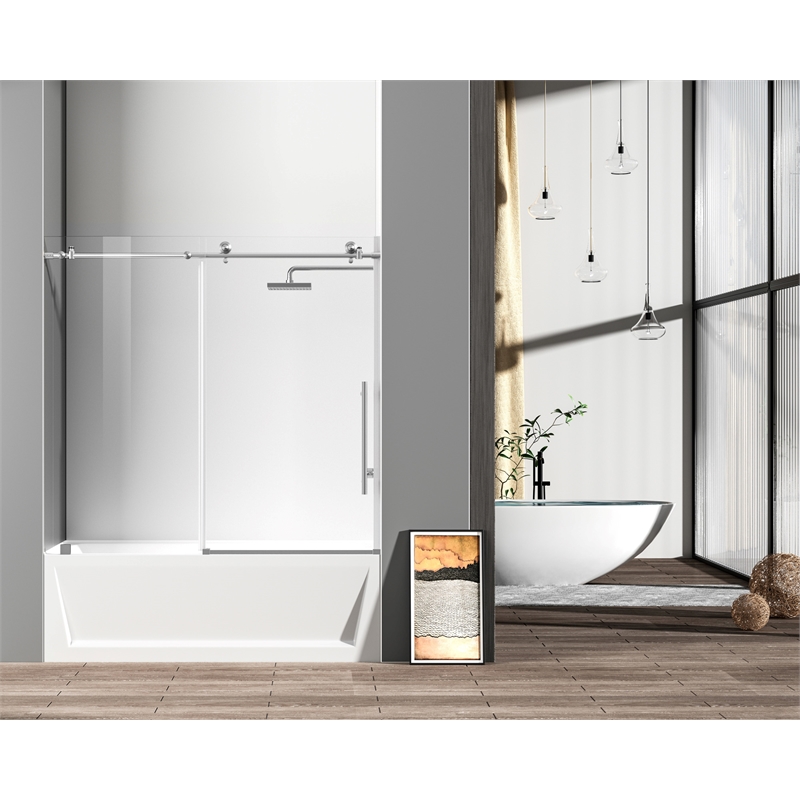 Pemberly Row Frameless Stainless Steel Tub Door in Brushed Nickel