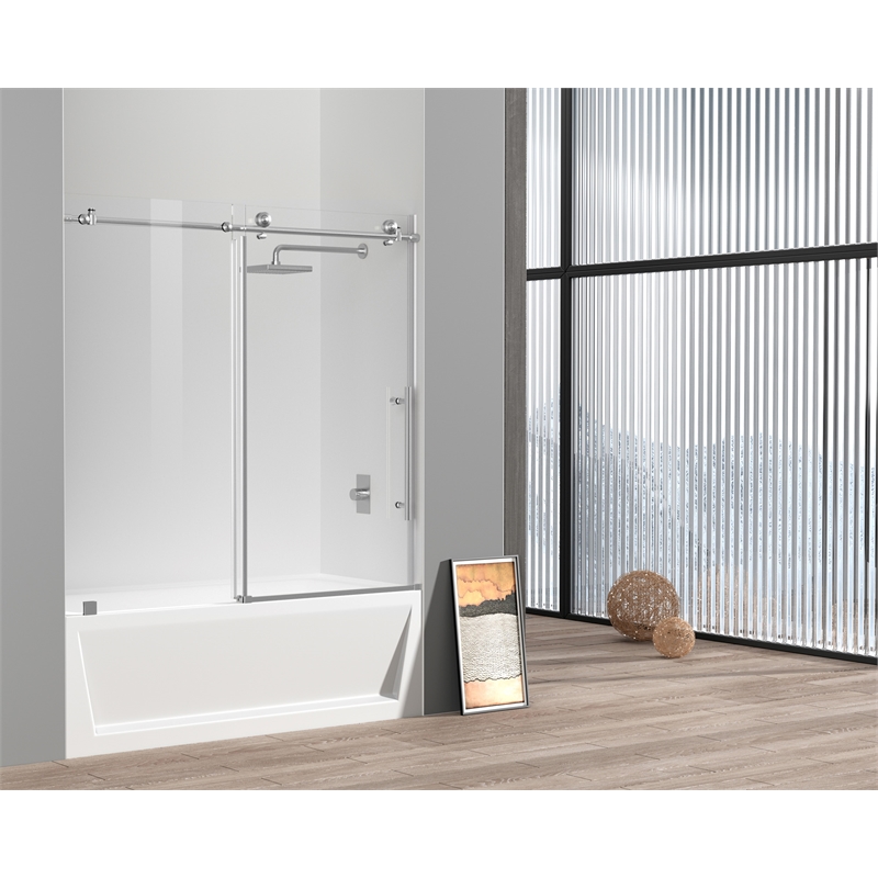Pemberly Row Frameless Stainless Steel Tub Door in Brushed Nickel