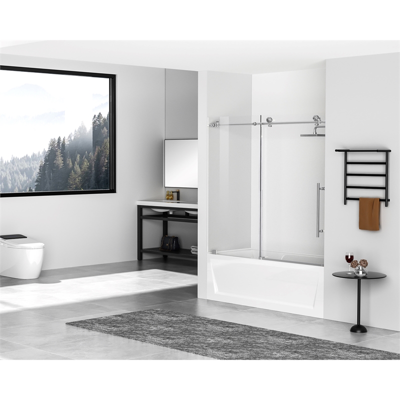 Pemberly Row Frameless Stainless Steel Tub Door in Brushed Nickel
