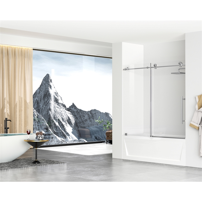 Pemberly Row Frameless Stainless Steel Tub Door in Brushed Nickel