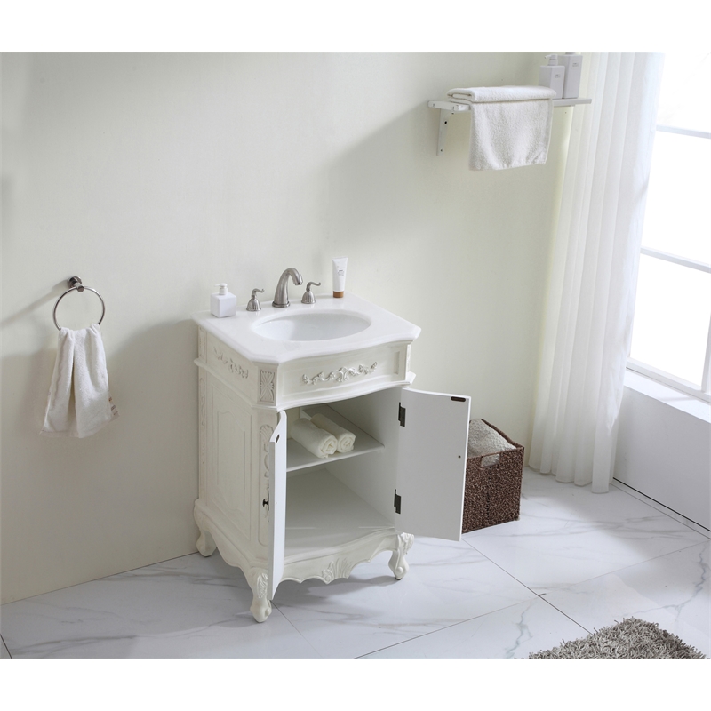Pemberly Row Solid Wood Bathroom Vanity with Quartz Top in Antique White