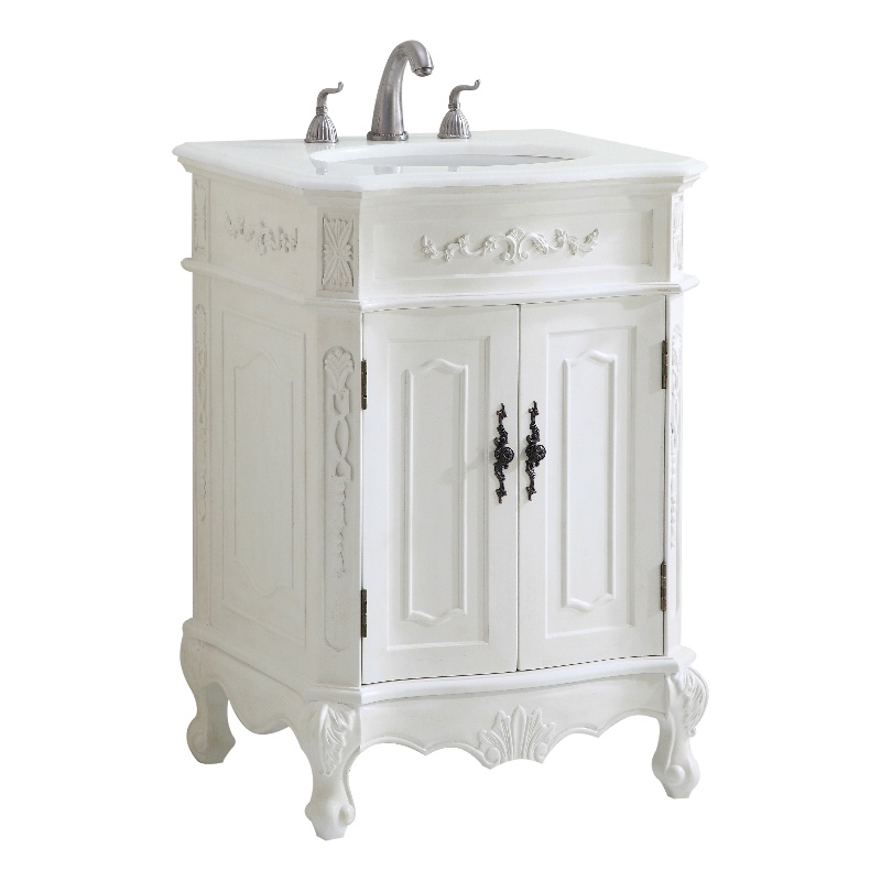 Pemberly Row Solid Wood Bathroom Vanity with Quartz Top in Antique White