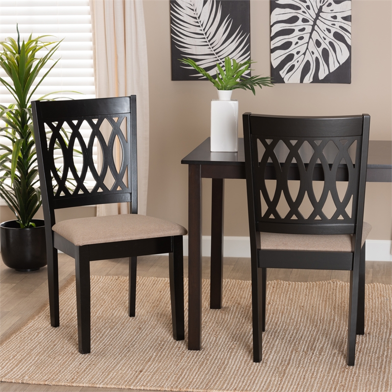 Pemberly Row Florencia Beige Fabric Dining Chair with Espresso Wood Legs