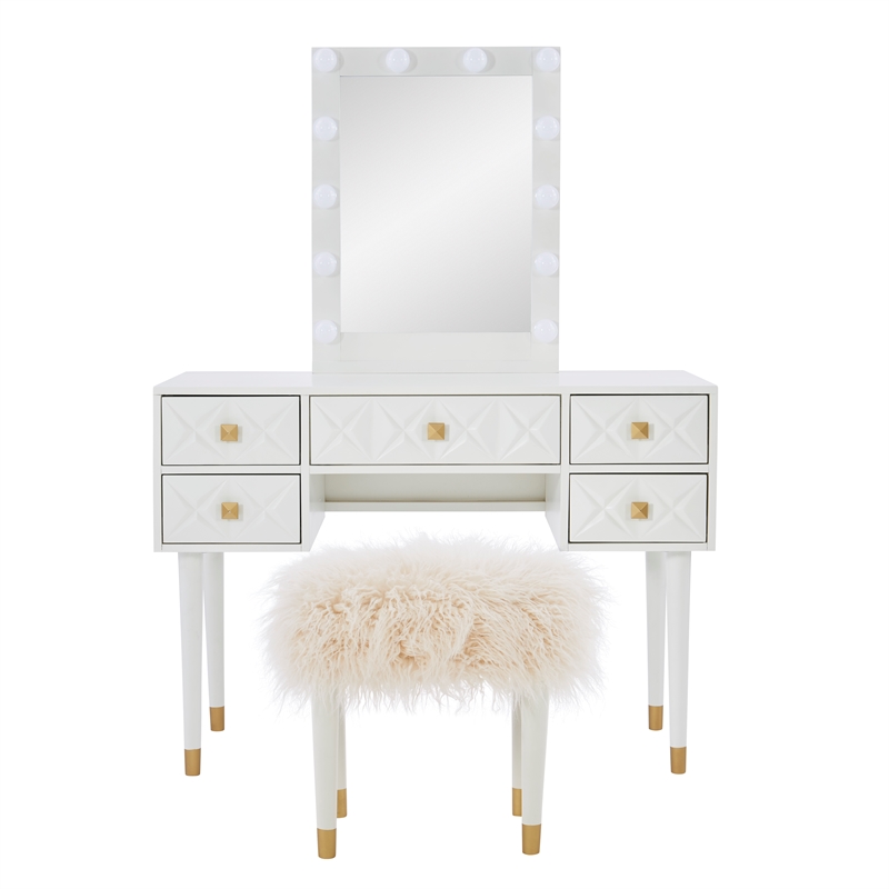 Pemberly Row Vanity Set Lighted Mirror Gold Accents White Wood