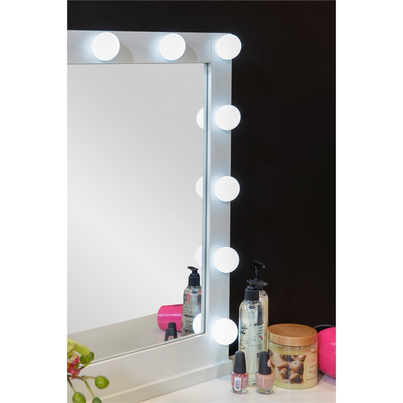 Pemberly Row Vanity Set Lighted Mirror Gold Accents White Wood