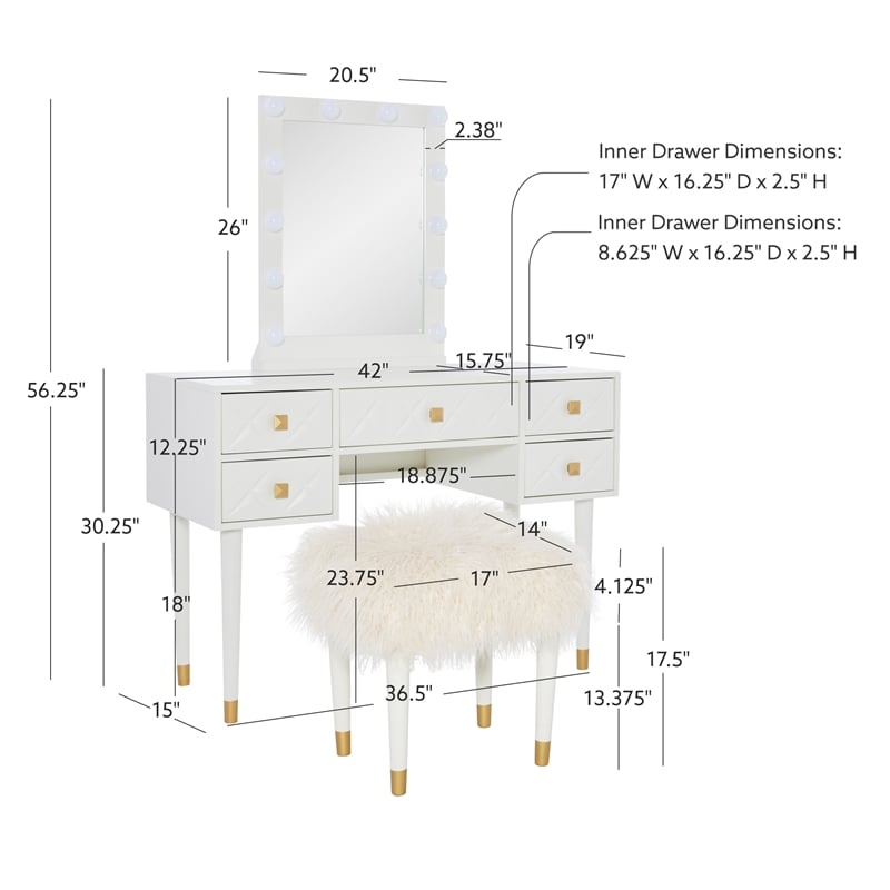 Pemberly Row Vanity Set Lighted Mirror Gold Accents White Wood