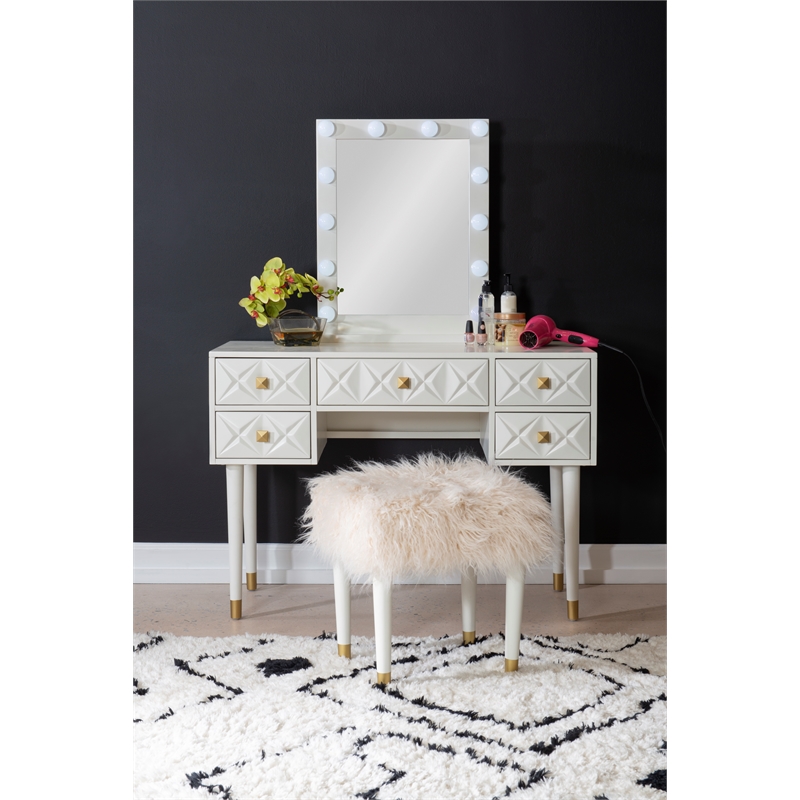 Pemberly Row Vanity Set Lighted Mirror Gold Accents White Wood