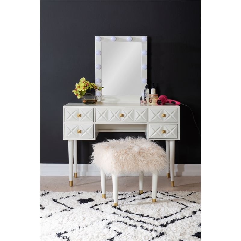 Pemberly Row Vanity Set Lighted Mirror Gold Accents White Wood