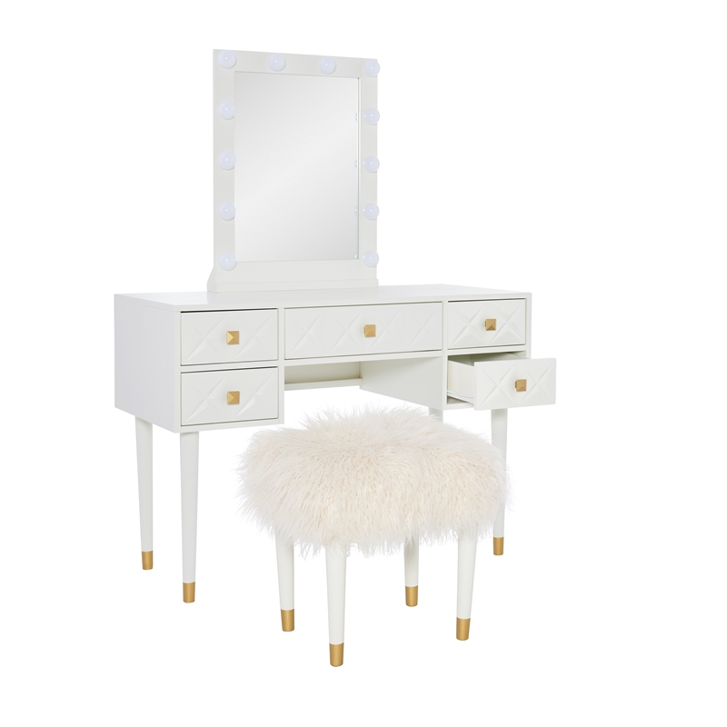 Pemberly Row Vanity Set Lighted Mirror Gold Accents White Wood