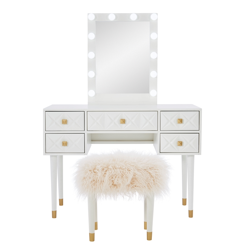 Pemberly Row Vanity Set Lighted Mirror Gold Accents White Wood