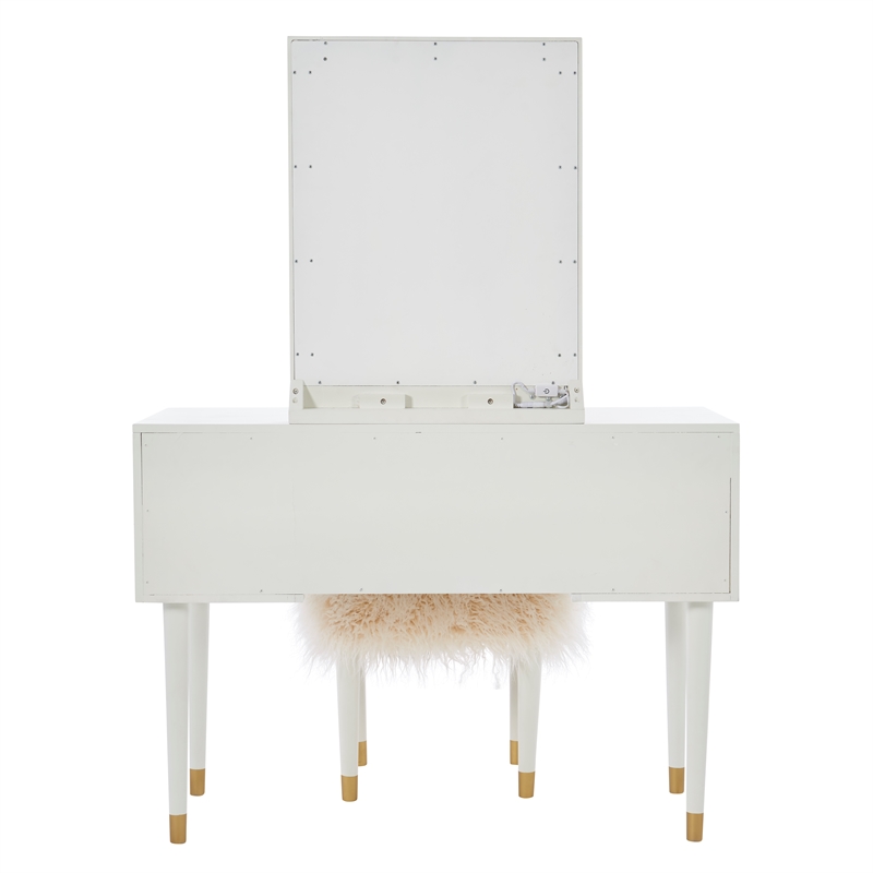 Pemberly Row Vanity Set Lighted Mirror Gold Accents White Wood