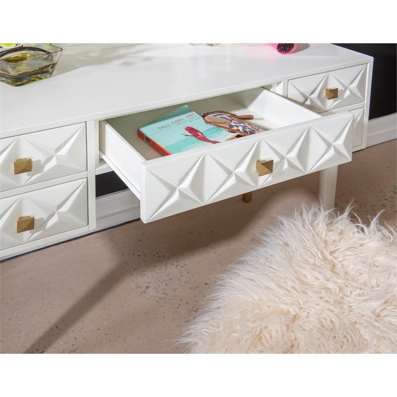 Pemberly Row Vanity Set Lighted Mirror Gold Accents White Wood