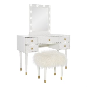 Pemberly Row Vanity Set Lighted Mirror Gold Accents White Wood
