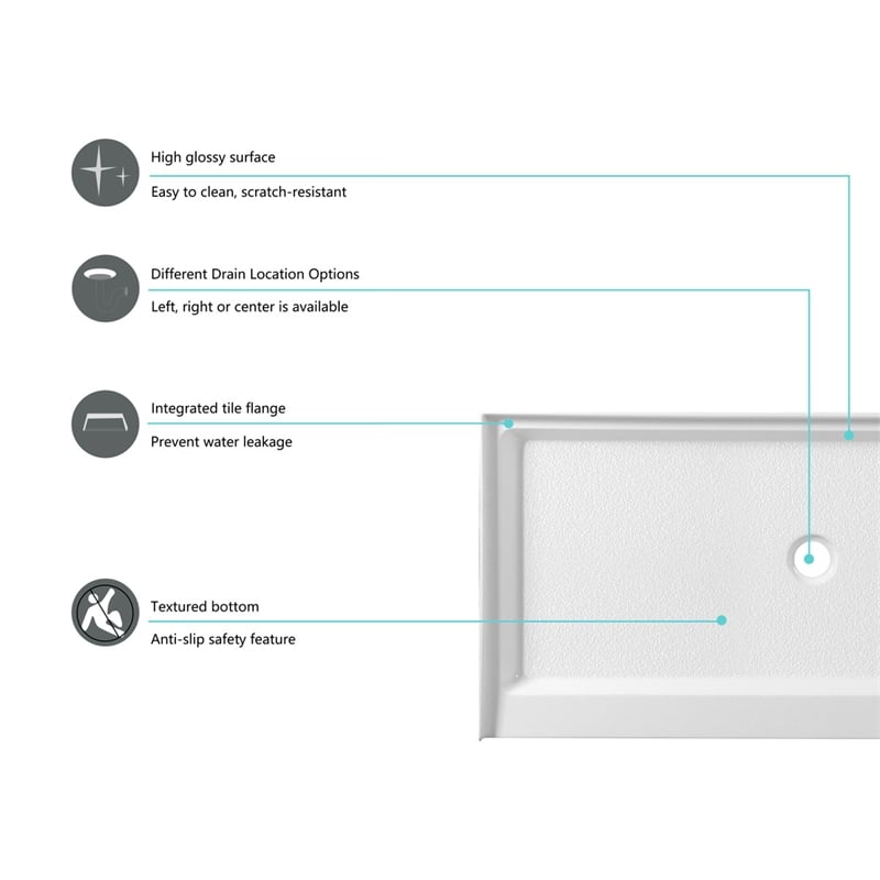 Pemberly Row Shower Base Center Drain Acrylic Glossy White 60x30 in