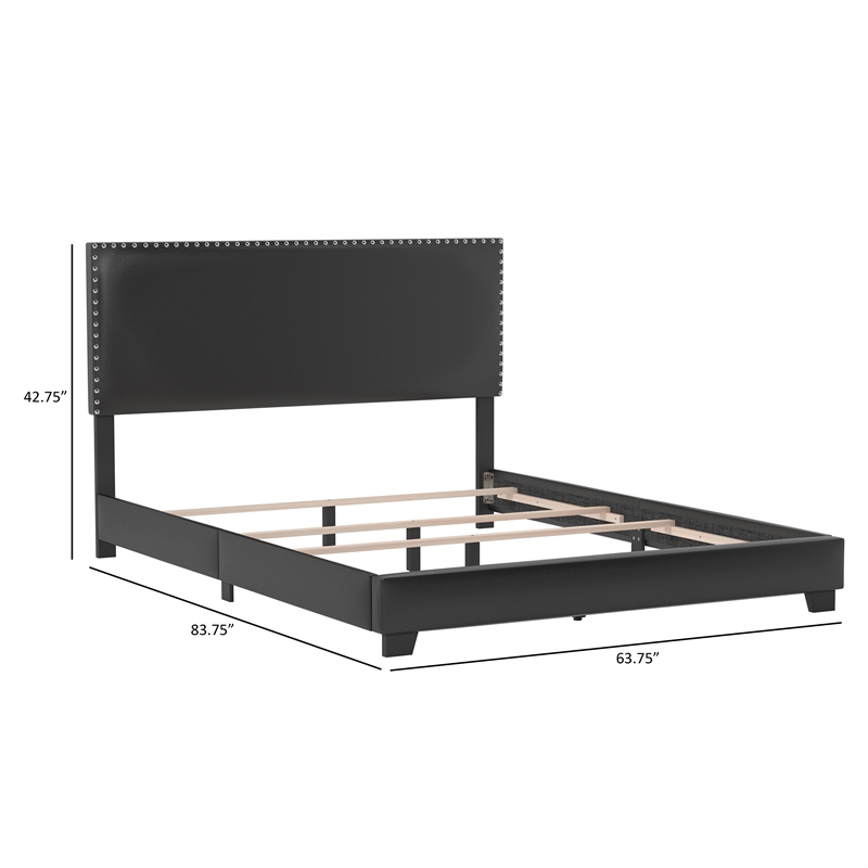 Pemberly Row Upholstered Queen Bed with Nailhead Trim in Black Faux Leather