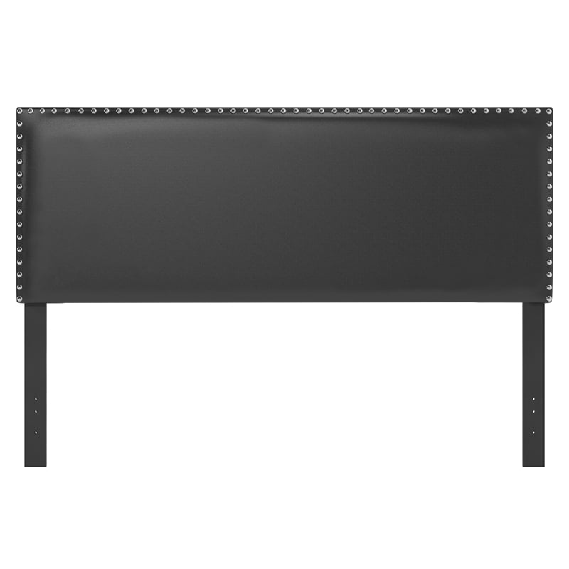 Pemberly Row Upholstered Queen Bed with Nailhead Trim in Black Faux Leather