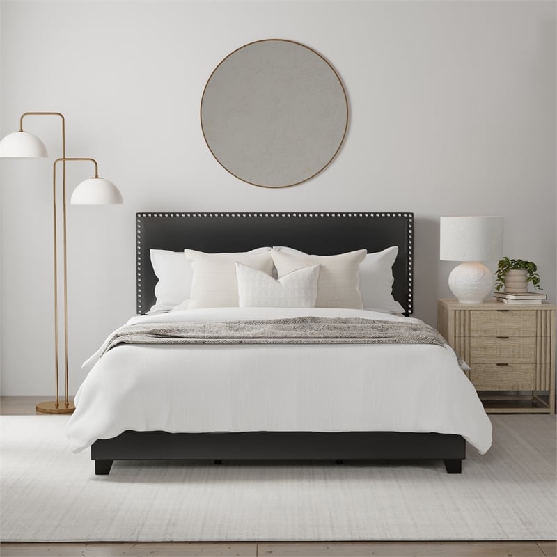 Pemberly Row Upholstered Queen Bed with Nailhead Trim in Black Faux Leather
