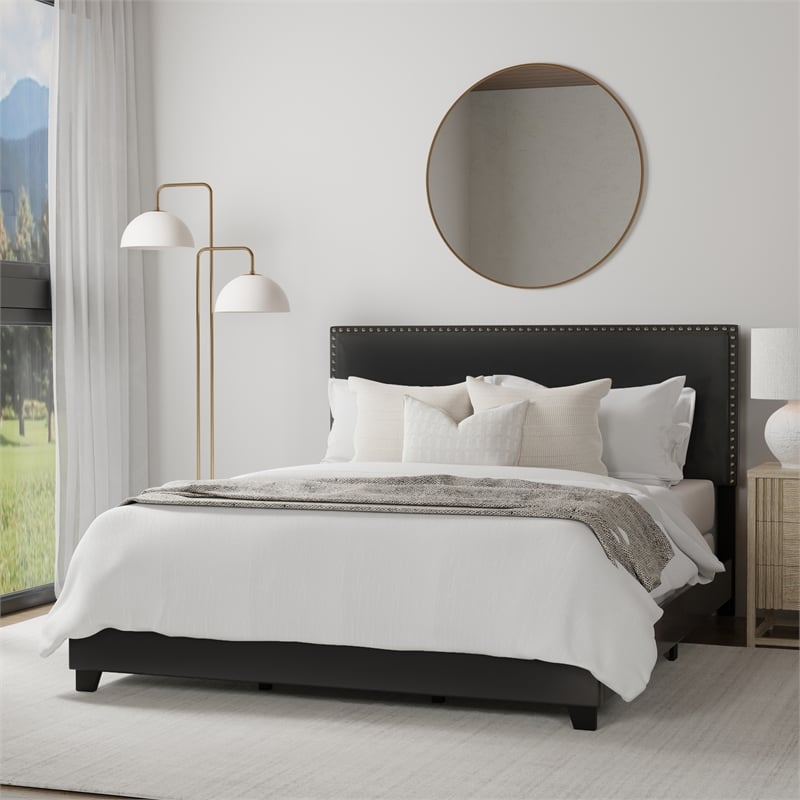 Pemberly Row Upholstered Queen Bed with Nailhead Trim in Black Faux Leather