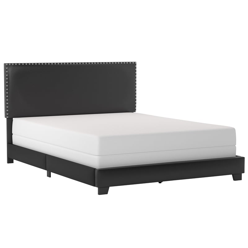Pemberly Row Upholstered Queen Bed with Nailhead Trim in Black Faux Leather