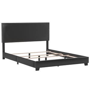 Pemberly Row Upholstered Queen Bed with Nailhead Trim in Black Faux Leather