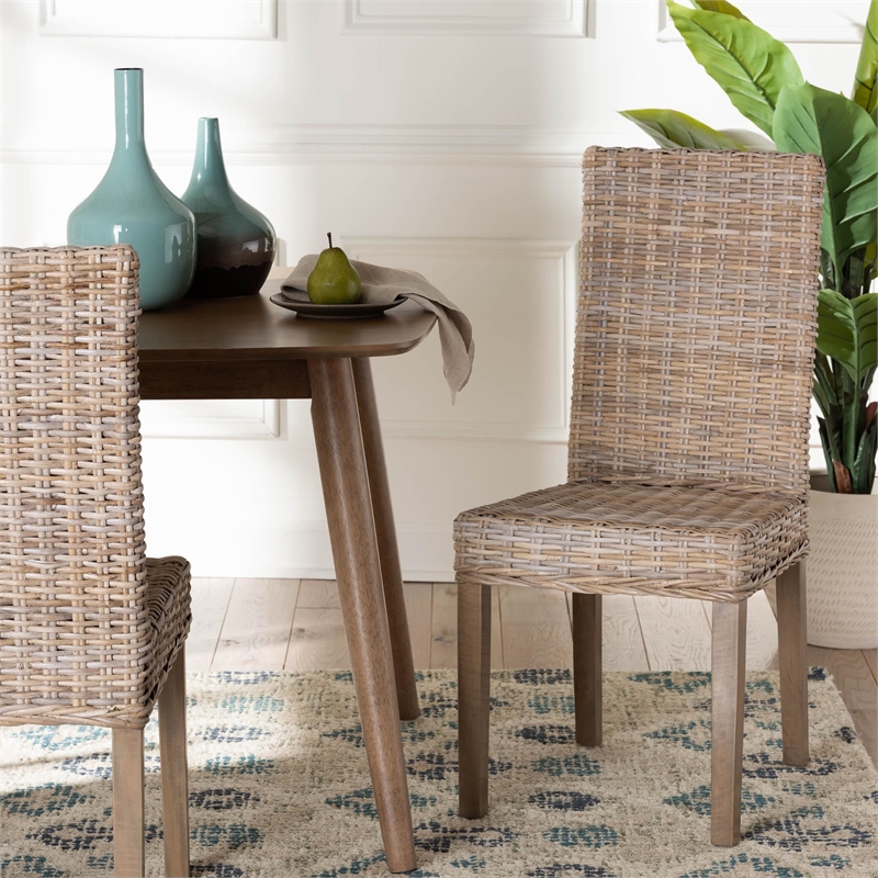 Pemberly Row Bohemian Gray Kubu Rattan Mango Wood Dining Chair