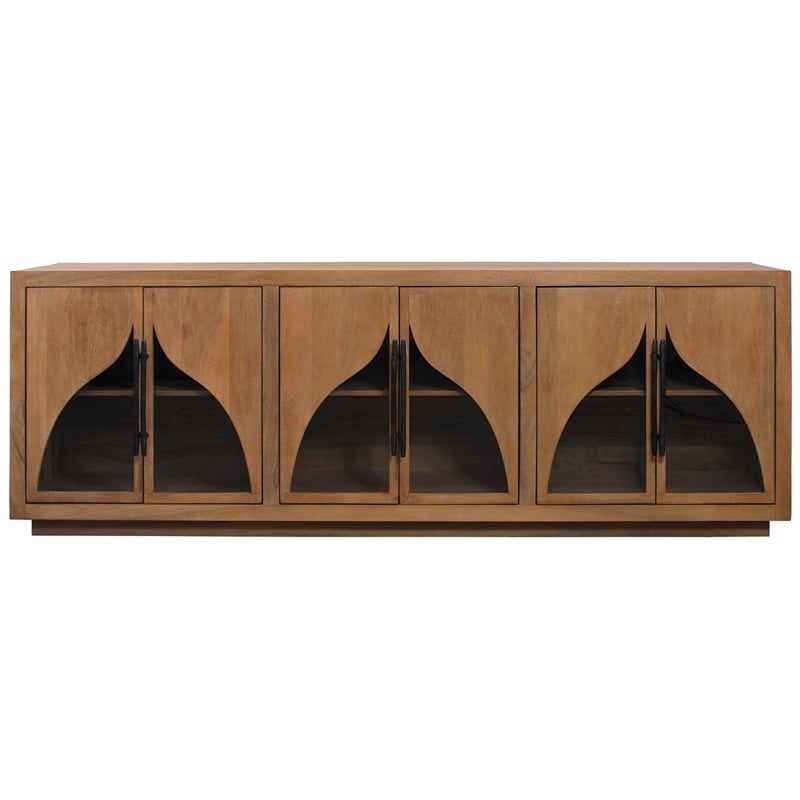 Pemberly Row 6-Door Acacia Sideboard with Curved Glass Panels in Natural Finish