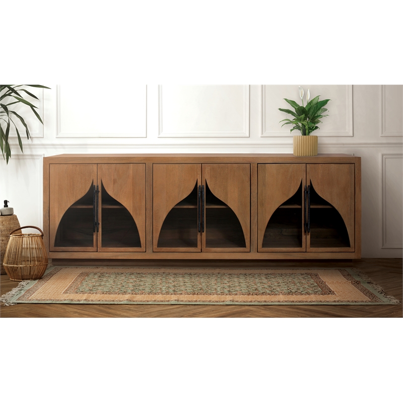 Pemberly Row 6-Door Acacia Sideboard with Curved Glass Panels in Natural Finish