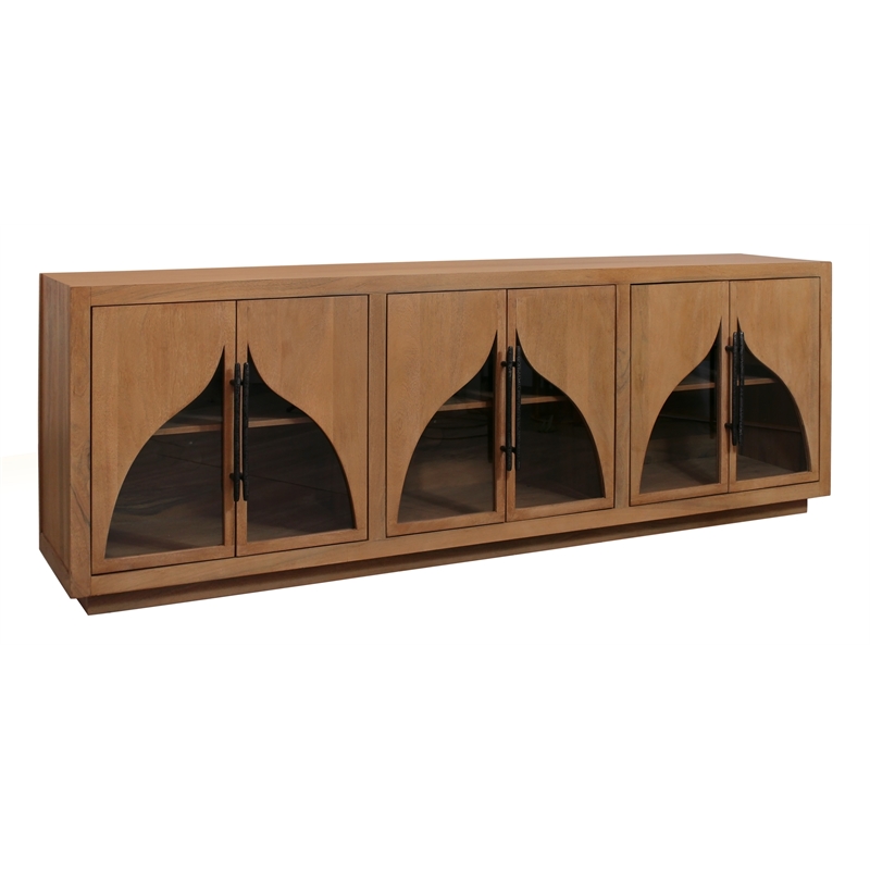 Pemberly Row 6-Door Acacia Sideboard with Curved Glass Panels in Natural Finish